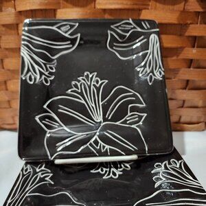 4 Laurie Gates Antilles Black Square Plates 7" floral dessert salad